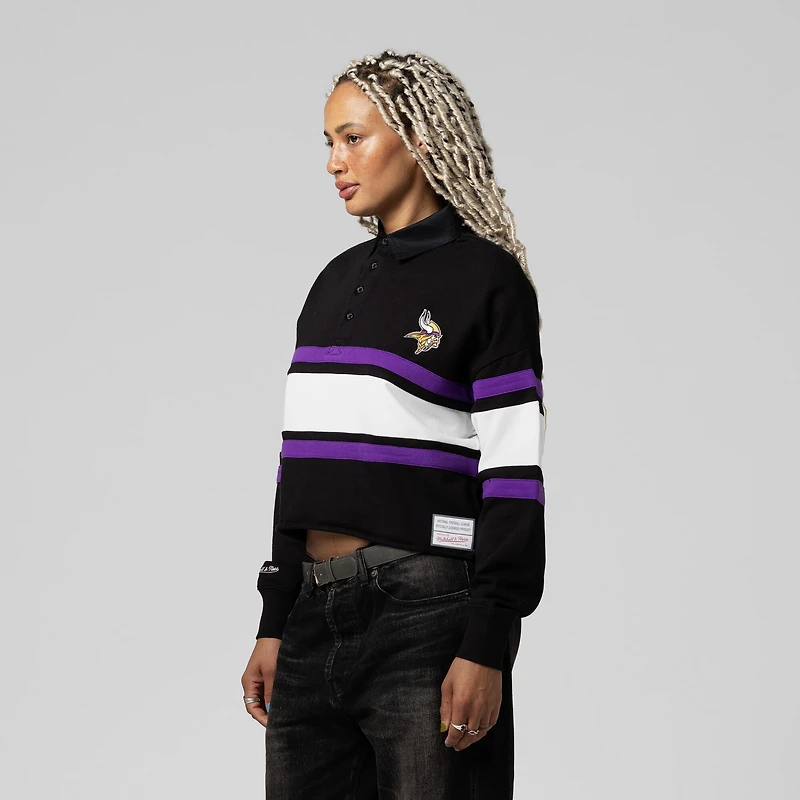 Polo de rugby court à manches longues Mitchell & Ness noir Minnesota Vikings pour femme