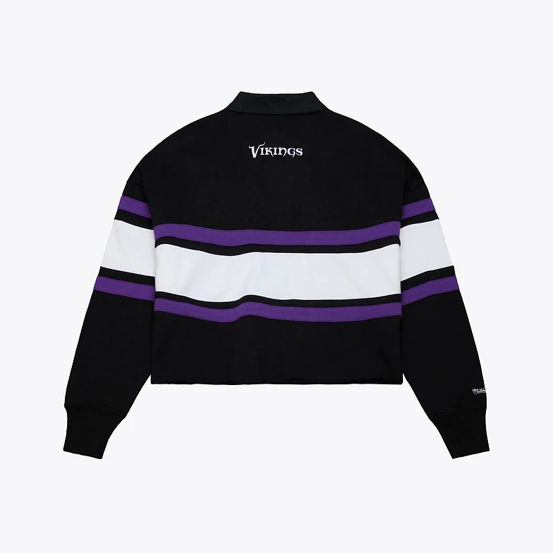 Women's Mitchell & Ness  Black Minnesota Vikings Cropped Long Sleeve Rugby Polo
