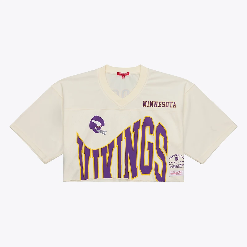 Maillot court Mitchell & Ness Randy Moss crème pour femme, Minnesota Vikings, joueur retraité