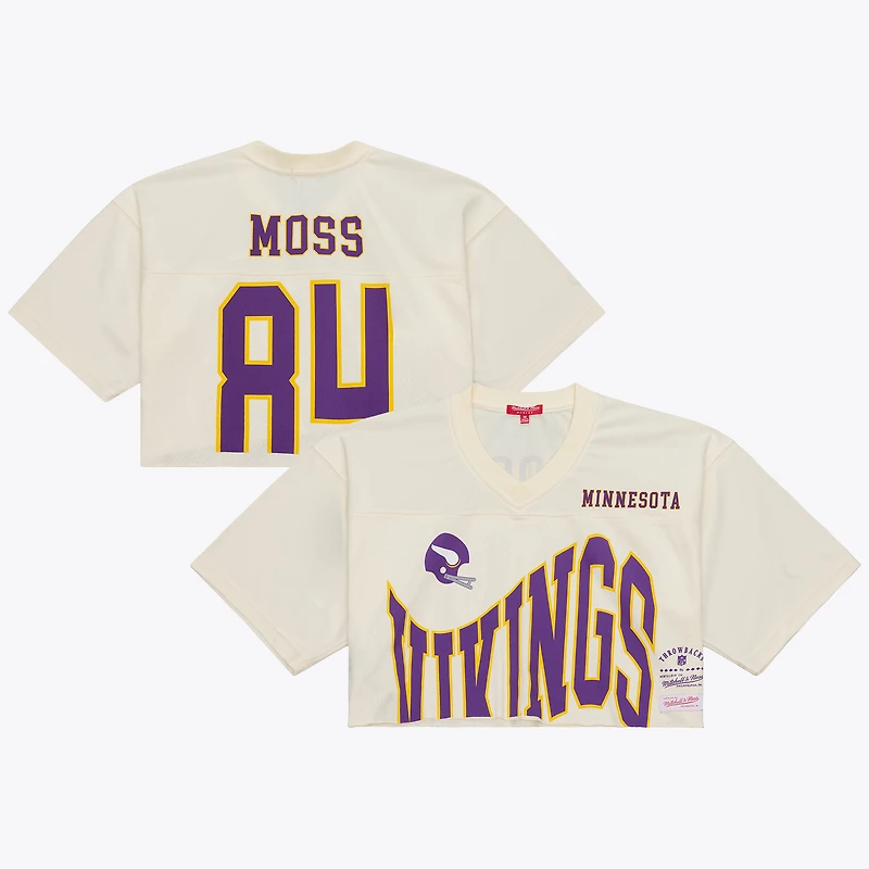 Maillot court Mitchell & Ness Randy Moss crème pour femme, Minnesota Vikings, joueur retraité