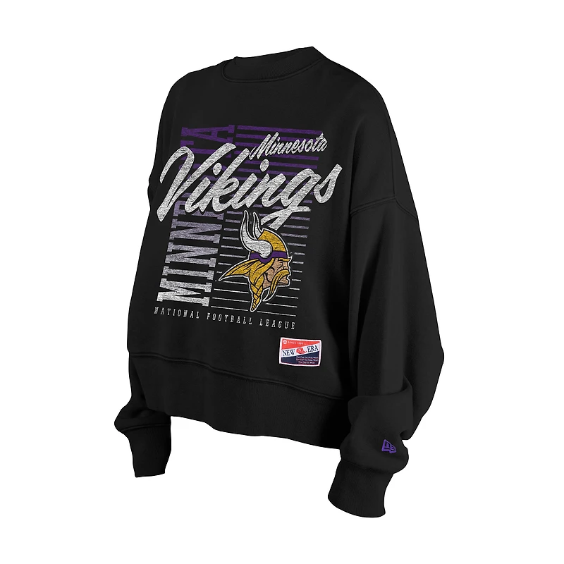 Women's New Era Black Minnesota Vikings Oversized Throwback Mineral Wash Crew Neck Sweatshirt