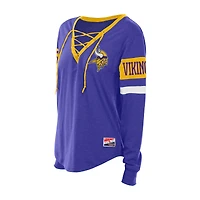 T-shirt à manches longues lacets New Era violet pour femme, motif rétro des Vikings du Minnesota