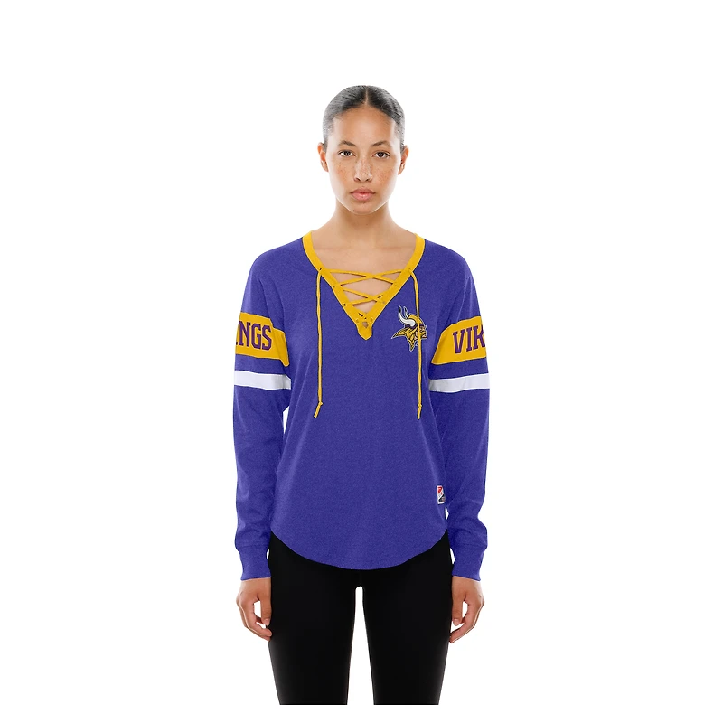 T-shirt à manches longues lacets New Era violet pour femme, motif rétro des Vikings du Minnesota