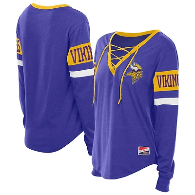 T-shirt à manches longues lacets New Era violet pour femme, motif rétro des Vikings du Minnesota