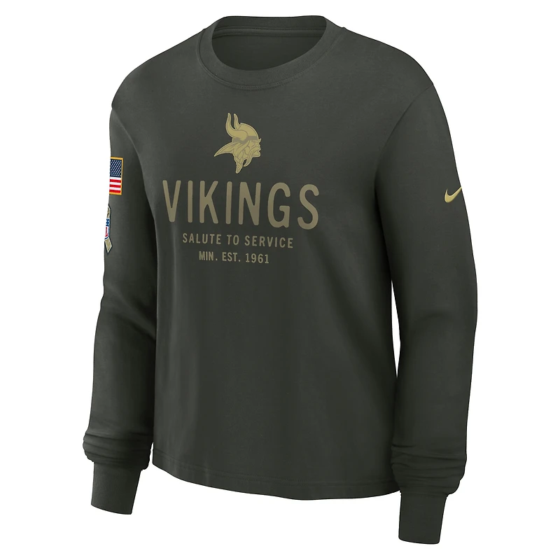 T-shirt Nike vert foncé à manches longues Minnesota Vikings 2025 Salute to Service Sideline Dri-FIT pour femme