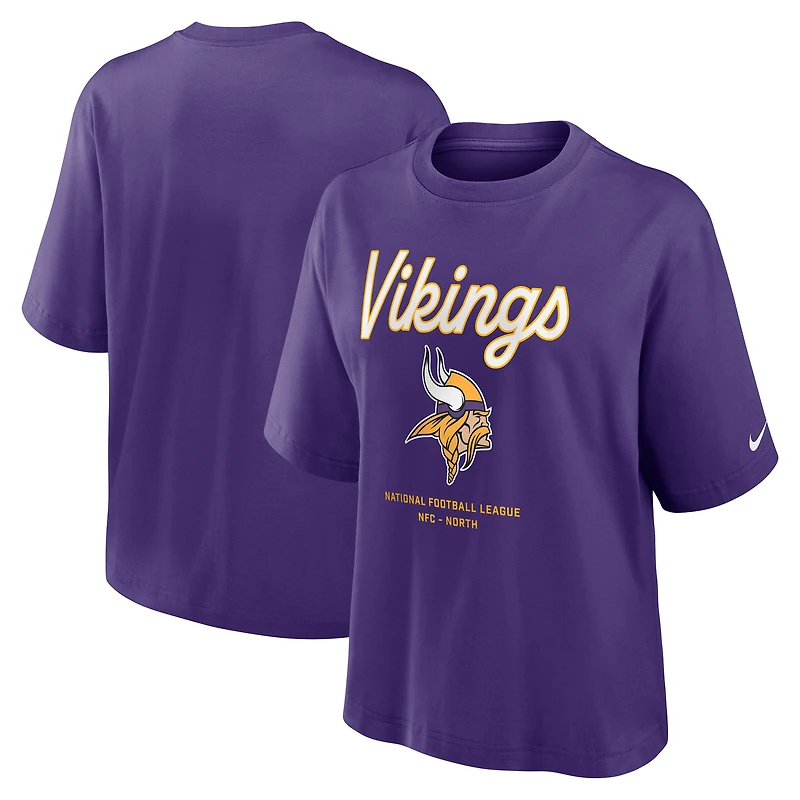 T-shirt Nike violet pour femme, coupe décontractée, motif Essential Script des Minnesota Vikings