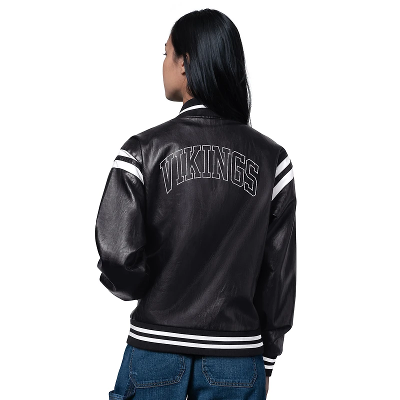 Veste universitaire en cuir végétalien noir pour femme des Vikings du Minnesota, modèle High Heat