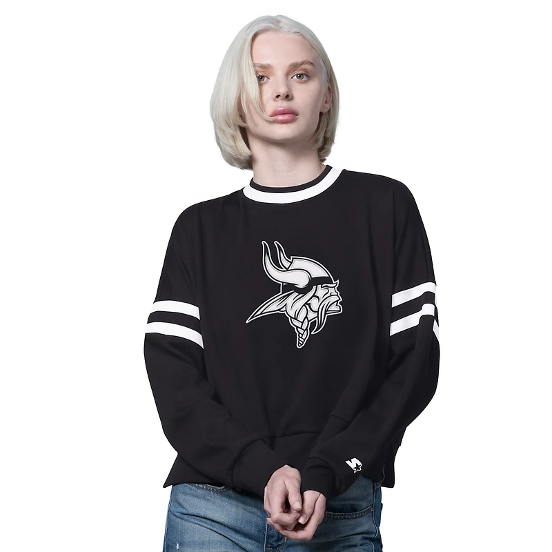 Women's Starter Black Minnesota Vikings Rally Drop Shoulder Cropped Sweatshirt