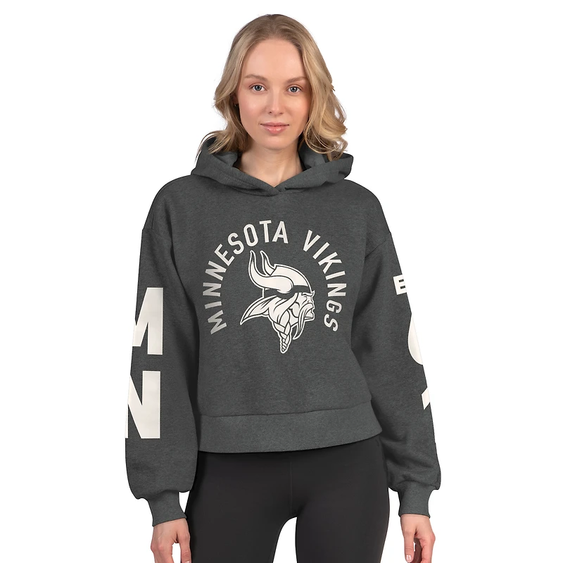 Women's Starter  Heather Charcoal Minnesota Vikings Star Player Cropped Fleece Pullover Hoodie