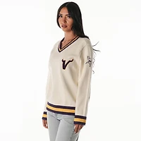 Women's The Wild Collective Cream Minnesota Vikings Jacquard V-Neck Sweater