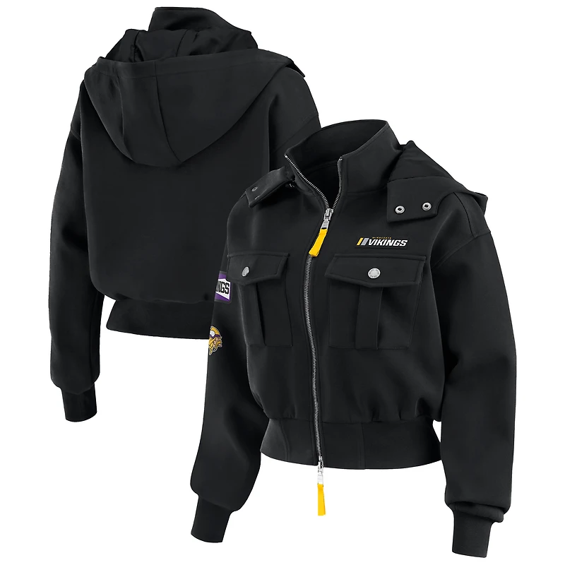 Women's WEAR by Erin Andrews Black Minnesota Vikings Tri-Blend Patch Pocket Cropped Full-Zip Bomber Hoodie Jacket