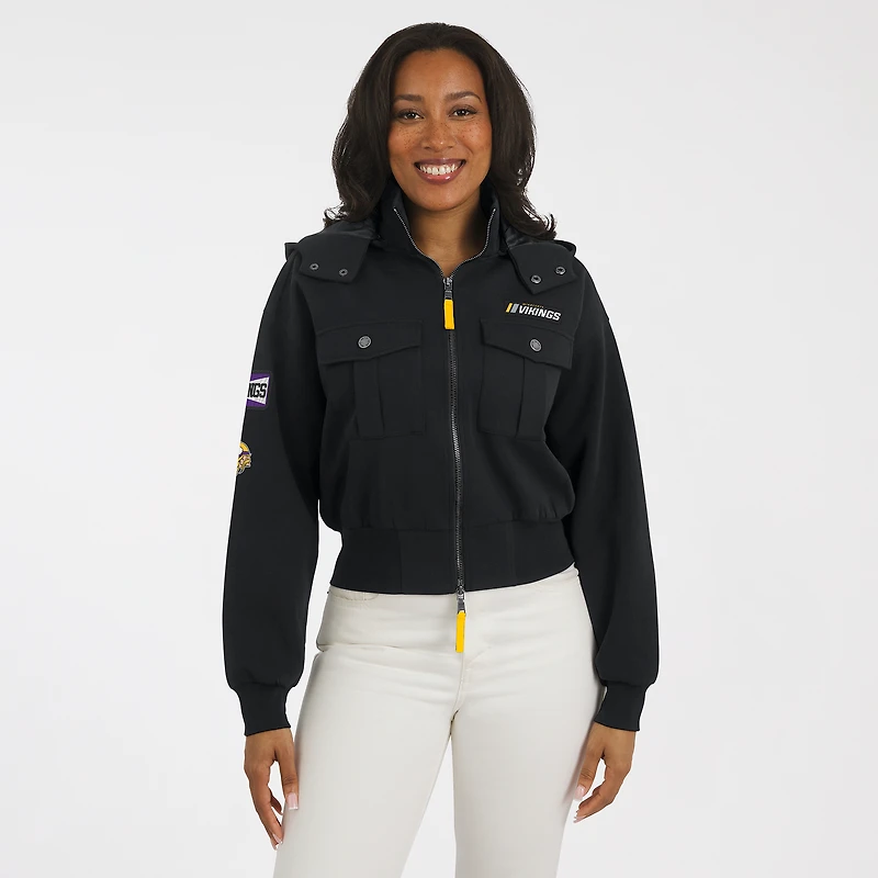 Women's WEAR by Erin Andrews Black Minnesota Vikings Tri-Blend Patch Pocket Cropped Full-Zip Bomber Hoodie Jacket