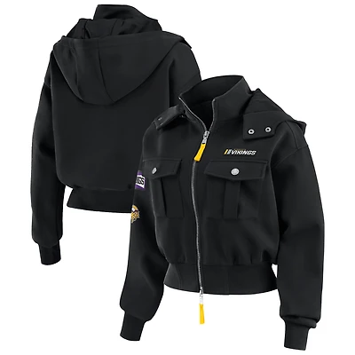 Women's WEAR by Erin Andrews  Black Minnesota Vikings Tri-Blend Patch Pocket Cropped Full-Zip Bomber Hoodie Jacket