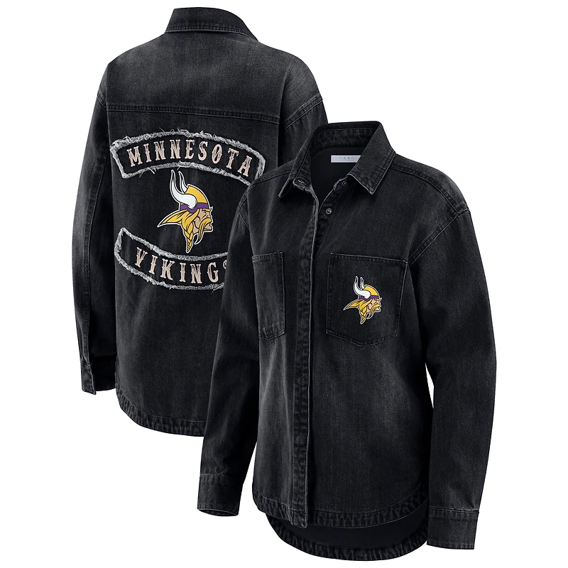 Veste-chemise surdimensionnée en denim noir délavé à boutons-pression pour femme WEAR by Erin Andrews des Vikings du Minnesota