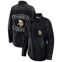 Veste-chemise surdimensionnée en denim noir délavé à boutons-pression pour femme WEAR by Erin Andrews des Vikings du Minnesota