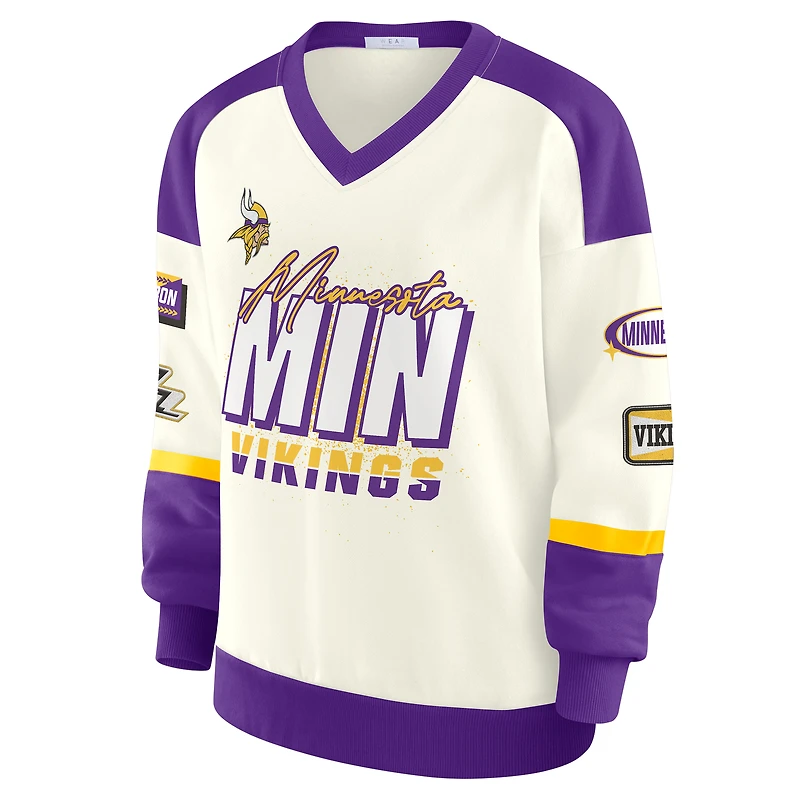 Sweat-shirt à col en V crème WEAR by Erin Andrews pour femme, motif Minnesota Vikings Racing