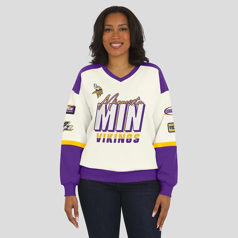 Sweat-shirt à col en V crème WEAR by Erin Andrews pour femme, motif Minnesota Vikings Racing