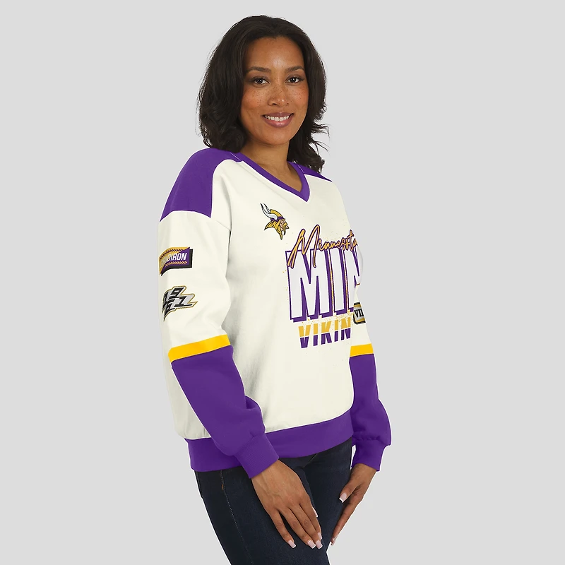 Sweat-shirt à col en V crème WEAR by Erin Andrews pour femme, motif Minnesota Vikings Racing