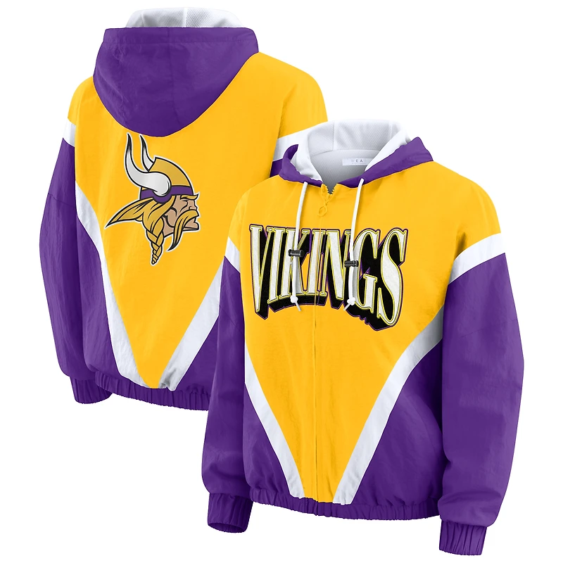 Women's WEAR by Erin Andrews Gold/Purple Minnesota Vikings Plus Retro Crinkle Full-Zip Hoodie Windbreaker Jacket