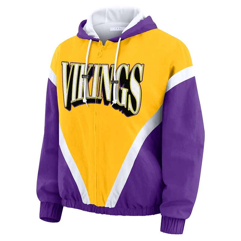 Women's WEAR by Erin Andrews Gold/Purple Minnesota Vikings Plus Retro Crinkle Full-Zip Hoodie Windbreaker Jacket
