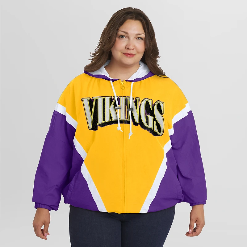 Women's WEAR by Erin Andrews Gold/Purple Minnesota Vikings Plus Retro Crinkle Full-Zip Hoodie Windbreaker Jacket