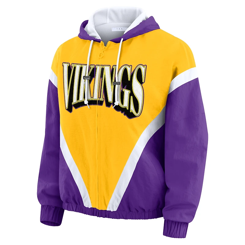 Coupe-vent à capuche entièrement zippé et froissé rétro WEAR by Erin Andrews pour femme, couleur or/violet, des Vikings du Minnesota