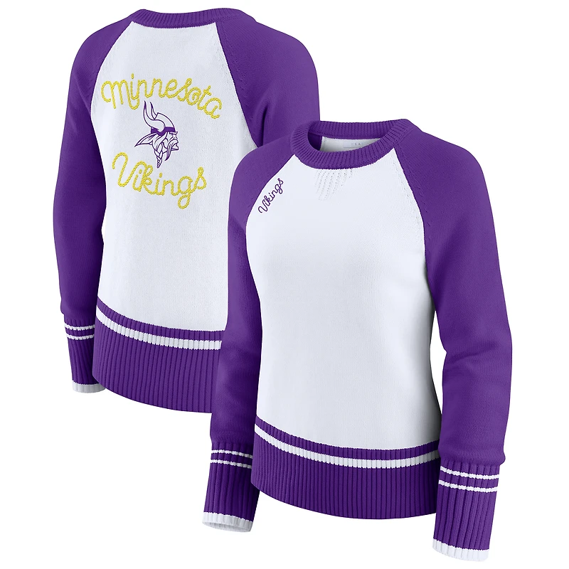 Women's WEAR by Erin Andrews White/Purple Minnesota Vikings Colorblock Raglan Sweater