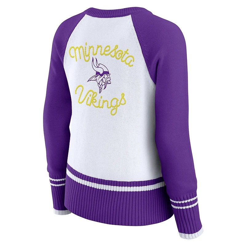 Women's WEAR by Erin Andrews White/Purple Minnesota Vikings Colorblock Raglan Sweater