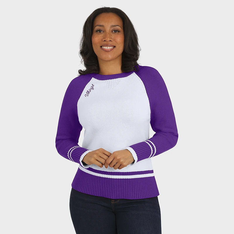 Women's WEAR by Erin Andrews White/Purple Minnesota Vikings Colorblock Raglan Sweater