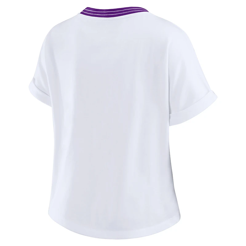 T-shirt court à rayures centrales blanc pour femme WEAR by Erin Andrews des Vikings du Minnesota