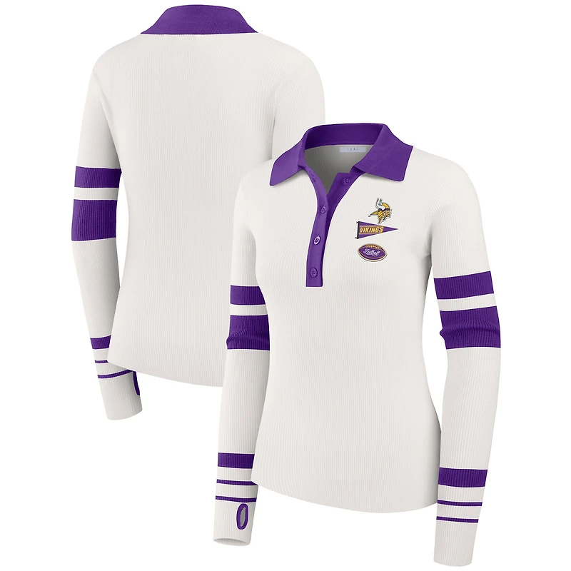 Pull polo côtelé Henley blanc des Vikings du Minnesota pour femmes par Erin Andrews