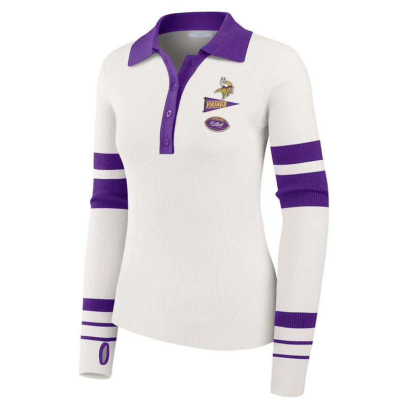 Women's WEAR by Erin Andrews White Minnesota Vikings Ribbed Henley Polo Sweater