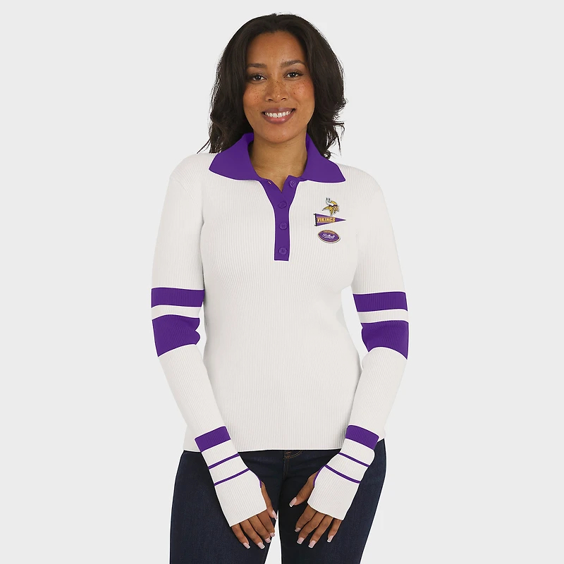 Women's WEAR by Erin Andrews White Minnesota Vikings Ribbed Henley Polo Sweater