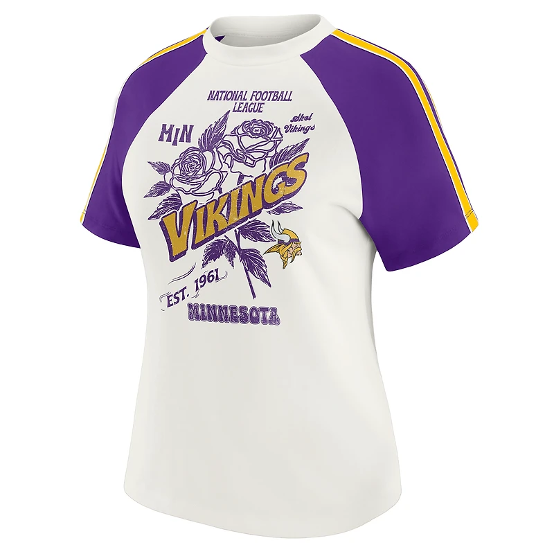 T-shirt raglan blanc à rayures et manches vieillies pour femme WEAR by Erin Andrews des Vikings du Minnesota
