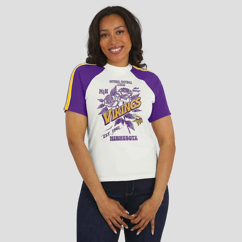 Women's WEAR by Erin Andrews White Minnesota Vikings Sleeve Stripe Distressed Raglan T-Shirt