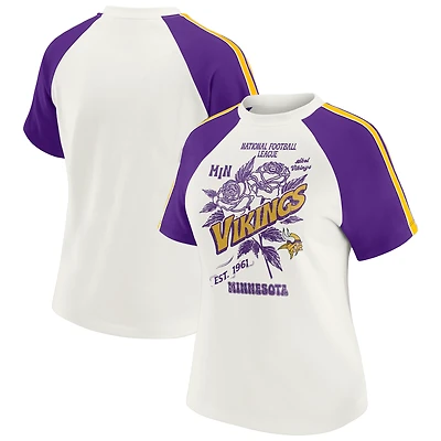 T-shirt raglan blanc à rayures et manches vieillies pour femme WEAR by Erin Andrews des Vikings du Minnesota