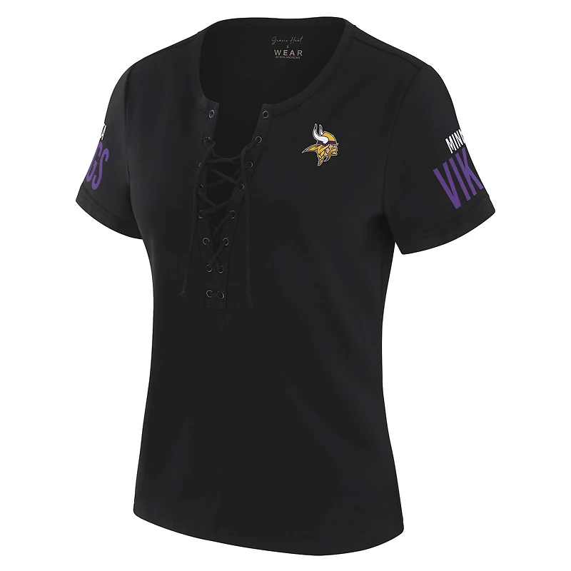Women's WEAR by Erin Andrews x Gracie Hunt Black Minnesota Vikings Draft Me Lace-Up T-Shirt
