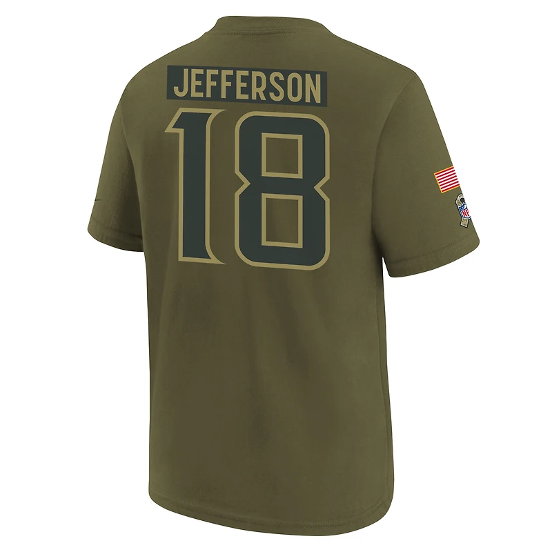 T-shirt Nike Justin Jefferson Olive Minnesota Vikings 2025 Salute to Service avec nom et numéro