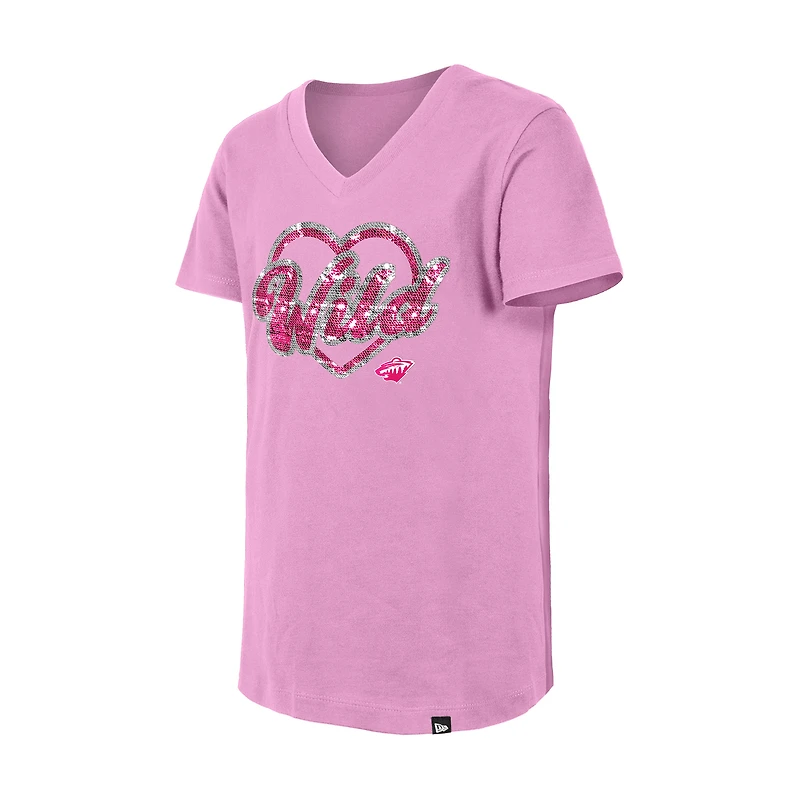 T-shirt à col en V sequins roses Minnesota Wild Flip pour fille New Era
