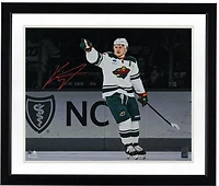 Kirill Kaprizov Minnesota Wild Autographed 16" x 20" White Jersey Celebrating Spotlight Photograph