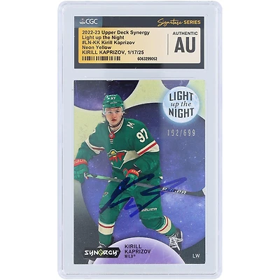 Kirill Kaprizov Minnesota Wild Autographed 2022-23 Upper Deck Synergy Light Up The Night Neon Yellow #LN-KK #/699 CGC Authenticated Card