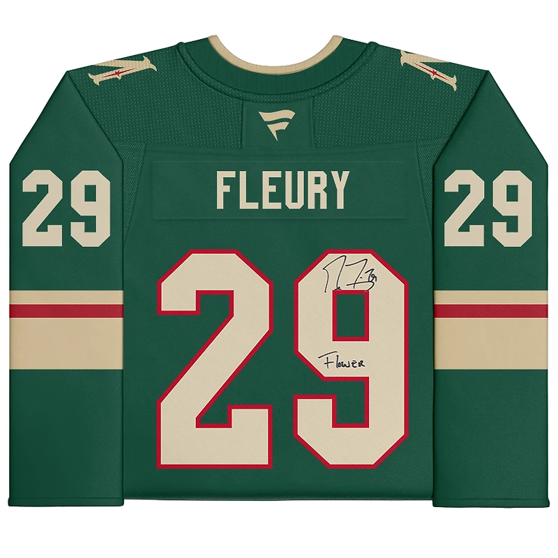 Maillot vert Fanatics Premium autographié par Marc-André Fleury (Minnesota Wild) avec inscription « Fleur »