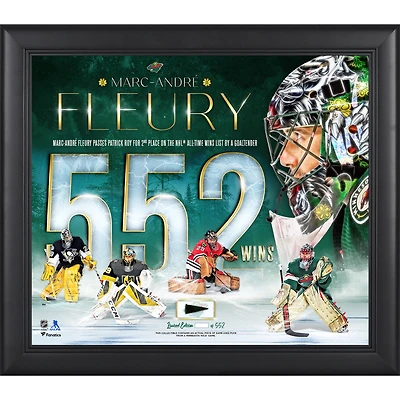 Collage encadré de 15" x 17" de Marc-André Fleury du Minnesota Wild, deuxième du classement des victoires, avec un morceau de rondelle utilisée lors du match - Édition limitée à 552 exemplaires
