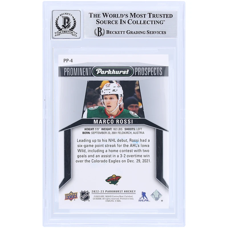 Carte de recrue 10 authentifiée 2022-23 Upper Deck Parkhurst Prominent Prospects #PP-4 Beckett Fanatics Witnessed Minnesota Wild autographiée