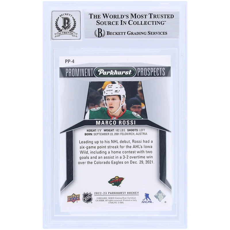 Marco Rossi Minnesota Wild dédicacé 2022-23 Upper Deck Parkhurst Prominent Prospects #PP-4 Beckett Fanatics a été témoin d'une carte de recrue /10 authentifiée