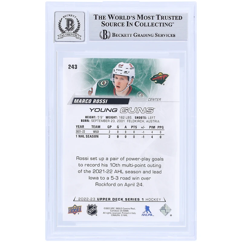 Carte de recrue autographiée 9/10 de Marco Rossi Minnesota Wild 2022-23 Upper Deck Series 1 Young Guns #243 Beckett Fanatics Witnessed Authenticated