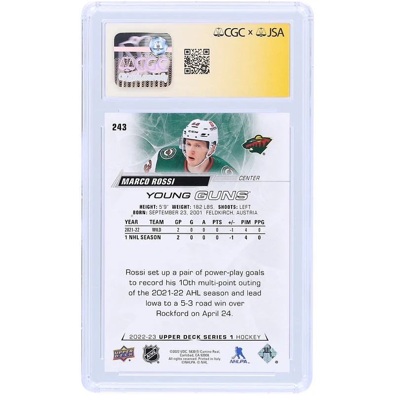 Marco Rossi Minnesota Wild Autographed 2022-23 Upper Deck Series 1 Young Guns #243 CGC Fanatics Witnessed Authenticated /10 Rookie Card