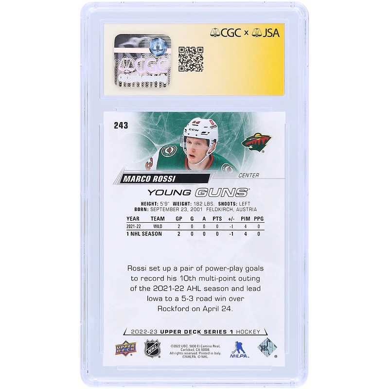 Carte recrue autographiée 2022-23 Upper Deck Series 1 Young Guns #243 CGC Fanatics Witnessed Authenticated Auto 10 Rookie Card de Marco Rossi Minnesota Wild