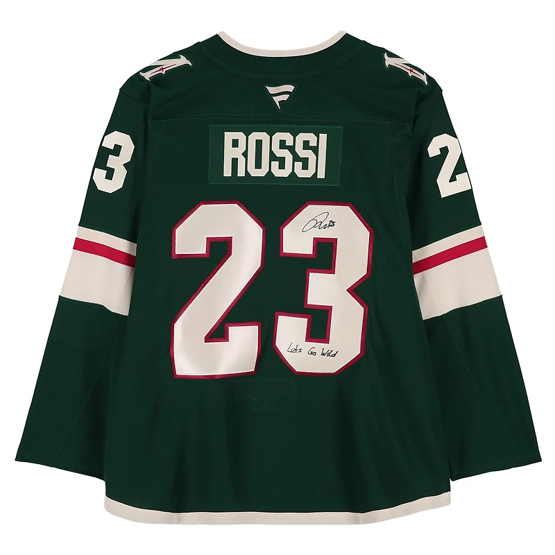 Maillot vert Fanatics Premium autographié par Marco Rossi du Minnesota Wild avec inscription « Let's Go Wild »
