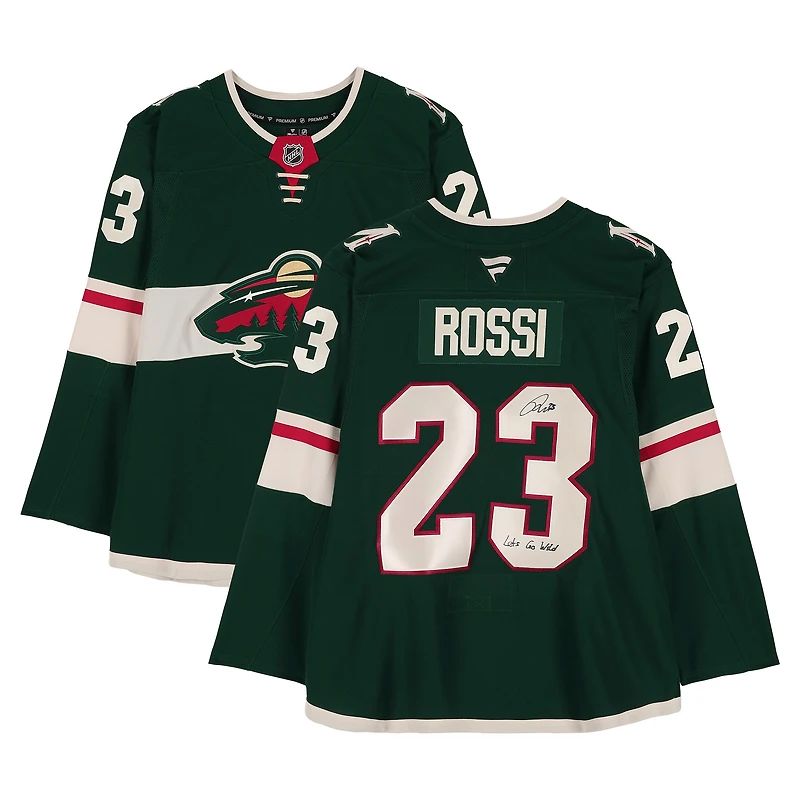 Maillot vert Fanatics Premium autographié par Marco Rossi du Minnesota Wild avec inscription « Let's Go Wild »